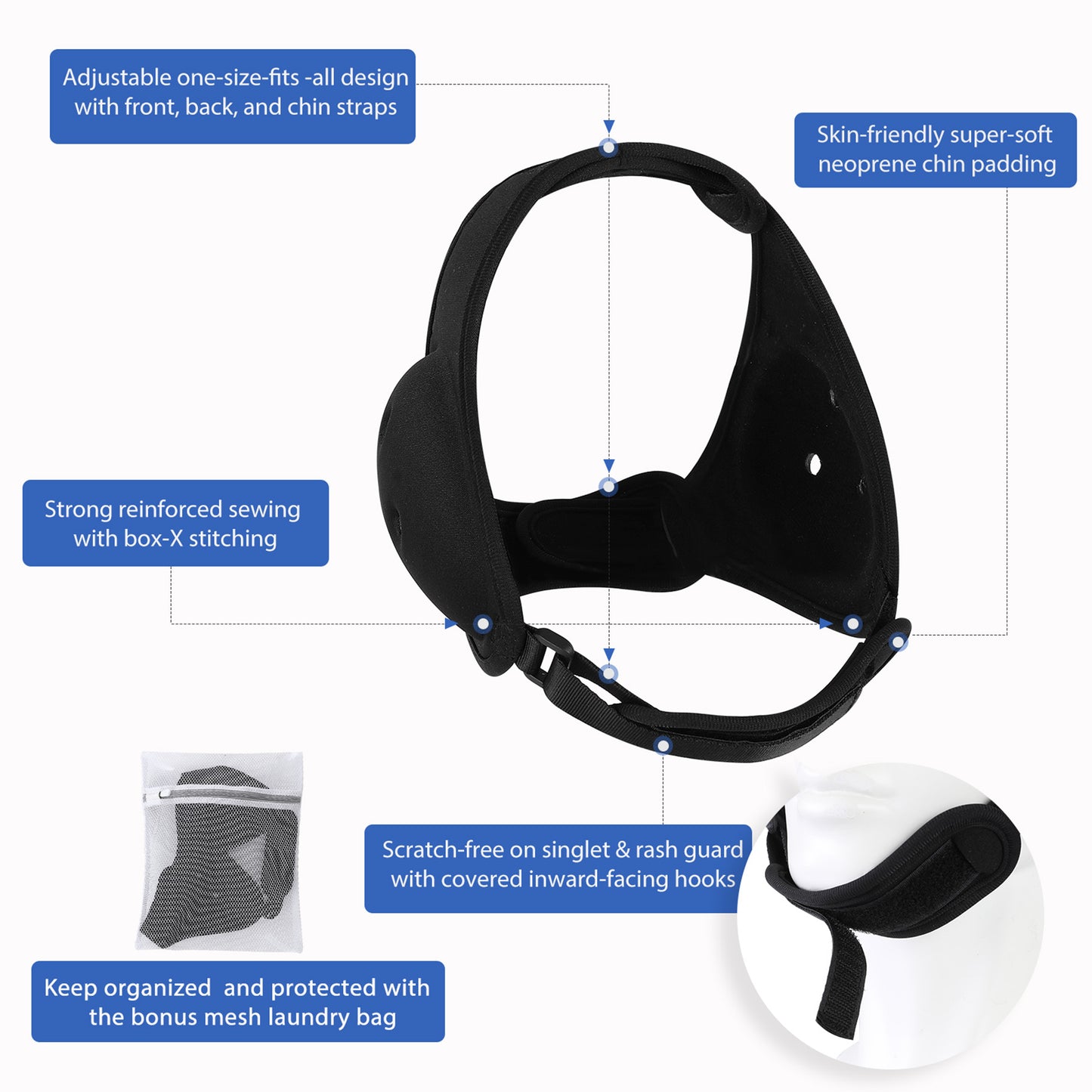 BLISSTAO Ear Guard / Headgear for BJJ, Wrestling, MMA , Non-Scratching and Length-Adjustable Chin Strap with Soft Padding, Perfect Protection from Cauliflower Ears.