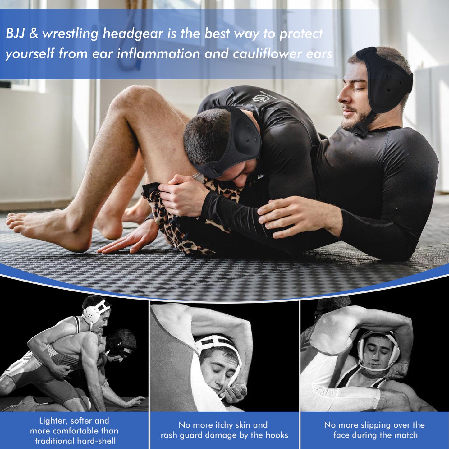 BLISSTAO Ear Guard / Headgear for BJJ, Wrestling, MMA , Non-Scratching and  Length-Adjustable Chin Strap with Soft Padding, Perfect Protection from Cauliflower Ears.